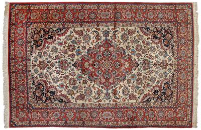 Appraisal: Isfahan rug ornate central medallion on ivory field similar corner