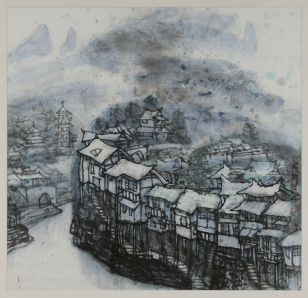 Appraisal: Li Baolin Chinese born City View with Canal and Temple