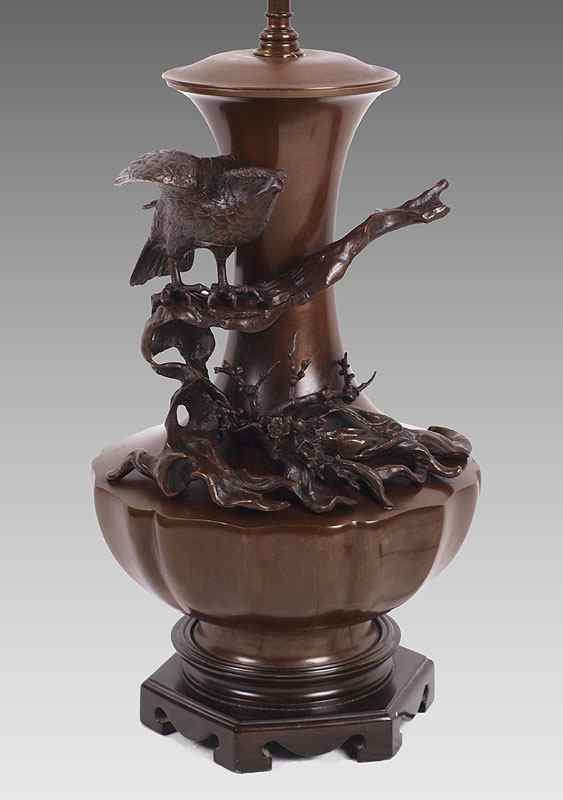 Appraisal: HIGHLY DETAILED JAPANESE BRONZE LAMP '' tall Overall '' dia