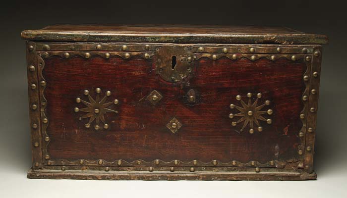 Appraisal: OLD ANTIQUE WOODEN DECORATED GOLD OR VALUABLES CHEST Southwestern storage