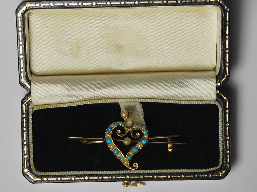 Appraisal: Turquoise and pearl set Victorian bar brooch in form of