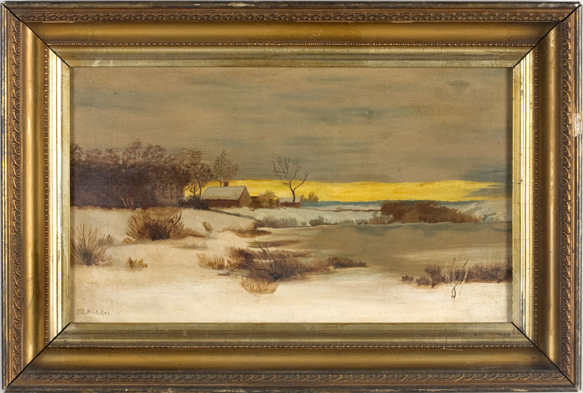 Appraisal: WINTER LANDSCAPE WITH FARMHOUSE BESIDE A POND AT TWILIGHT Oil