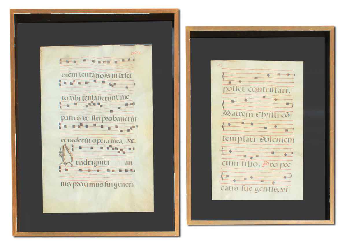 Appraisal: TWO FRAMED PIECES OF EARLY MUSIC ON PARCHMENT Written in