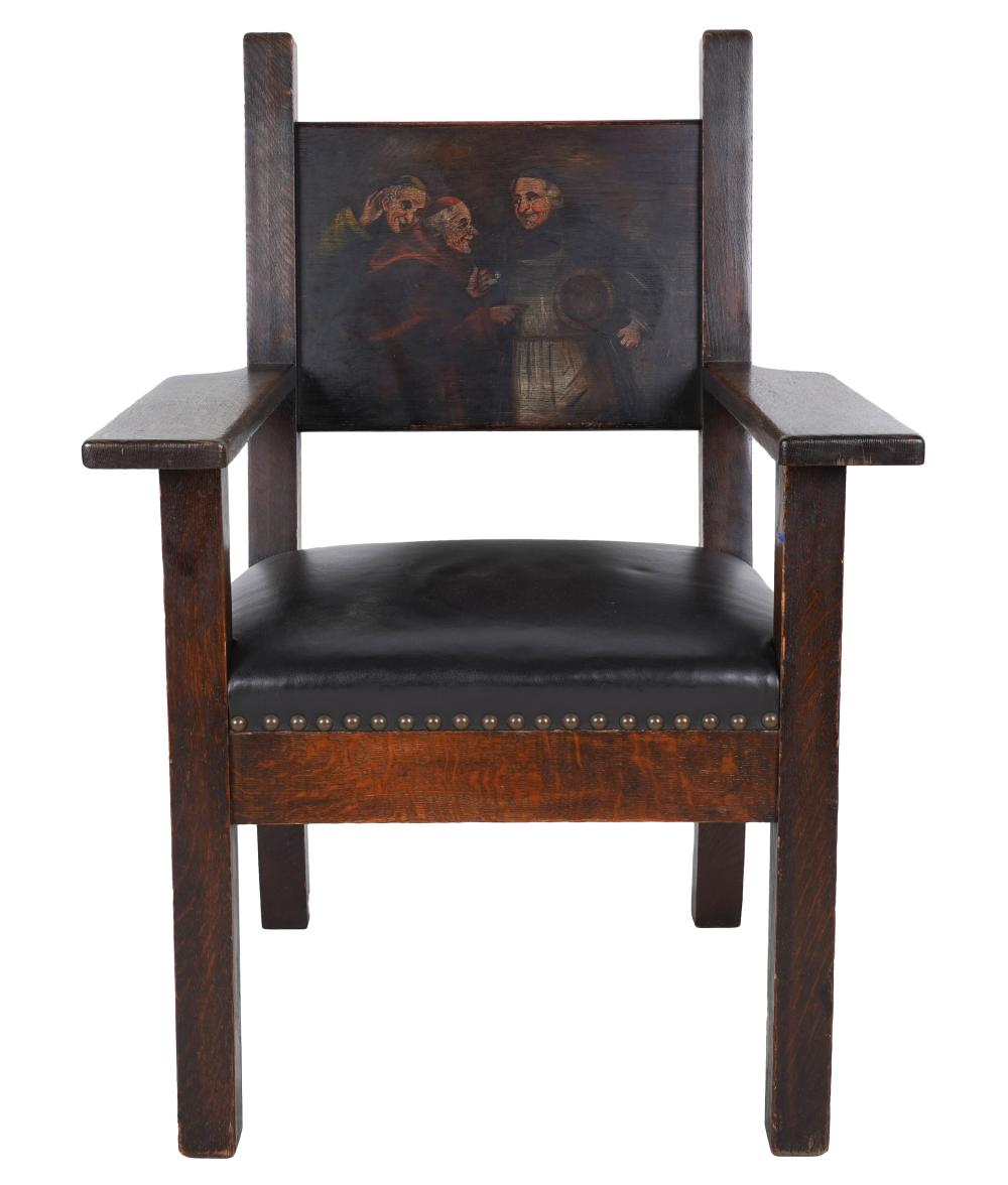 Appraisal: PAINTED OAK LEATHER ARMCHAIRthe backrest depicting monks inches wide inches