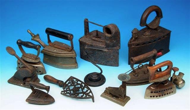 Appraisal: A BOX OF VARIOUS TH CENTURY AND LATER IRONS gas