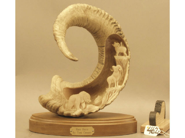 Appraisal: Carved rams horn mounted on base by Tom Cooper Estimate