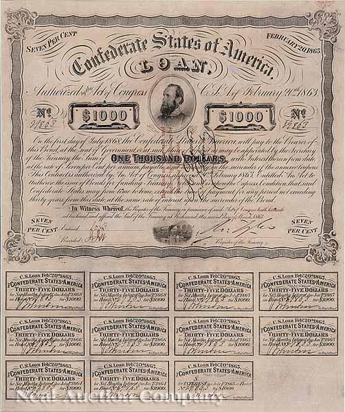 Appraisal: Two Confederate Bonds a Confederate Bond printed by Archer Daly