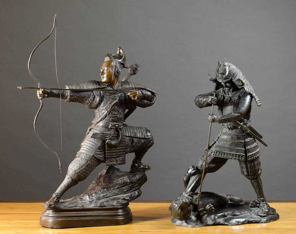 Appraisal: TWO PATINATED BRONZE FIGURAL SCULPTURES the first depicting a Japanese