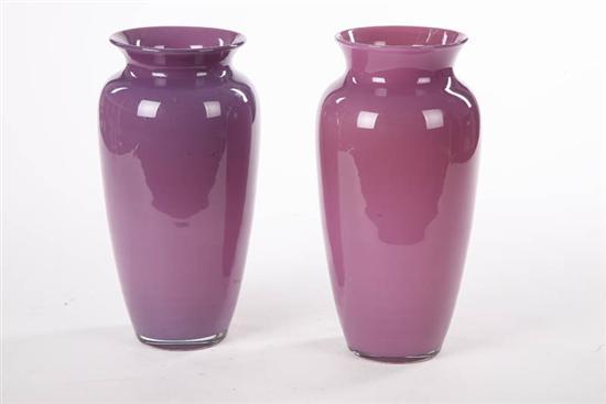 Appraisal: PAIR OF ART GLASS VASES Possibly Steuben cased Plum Jade