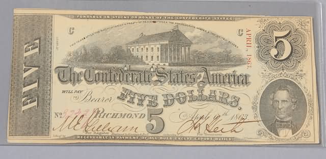 Appraisal: Five dollar Confederate note April issue Friedberg CS- Uncirculated S