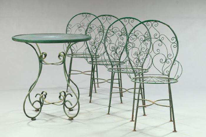 Appraisal: Five-Piece Late Victorian-Style Wirework Garden Set consisting of a circular