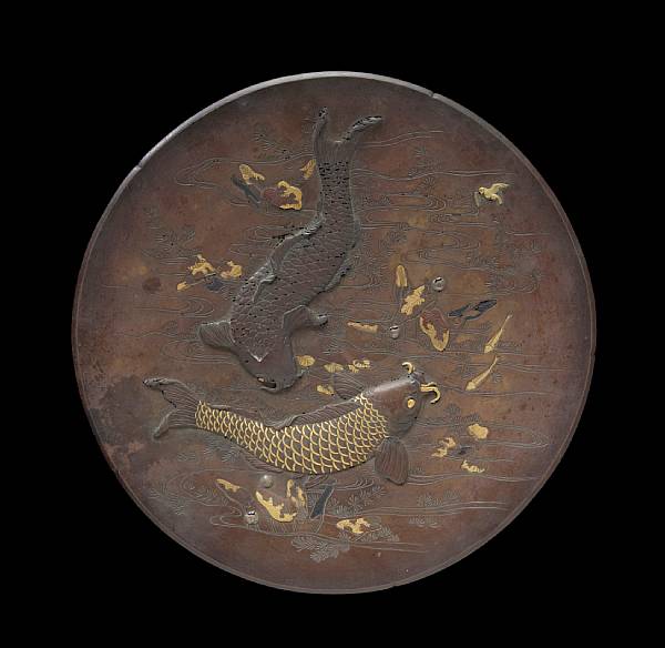 Appraisal: A patinated bronze plate with mixed metal accents Meiji Period