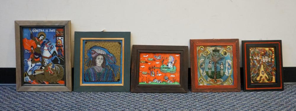 Appraisal: FIVE ROMANIAN ICONS AND FOLK ART EGLOMISE PAINTINGS INCLUDING CLARETTE