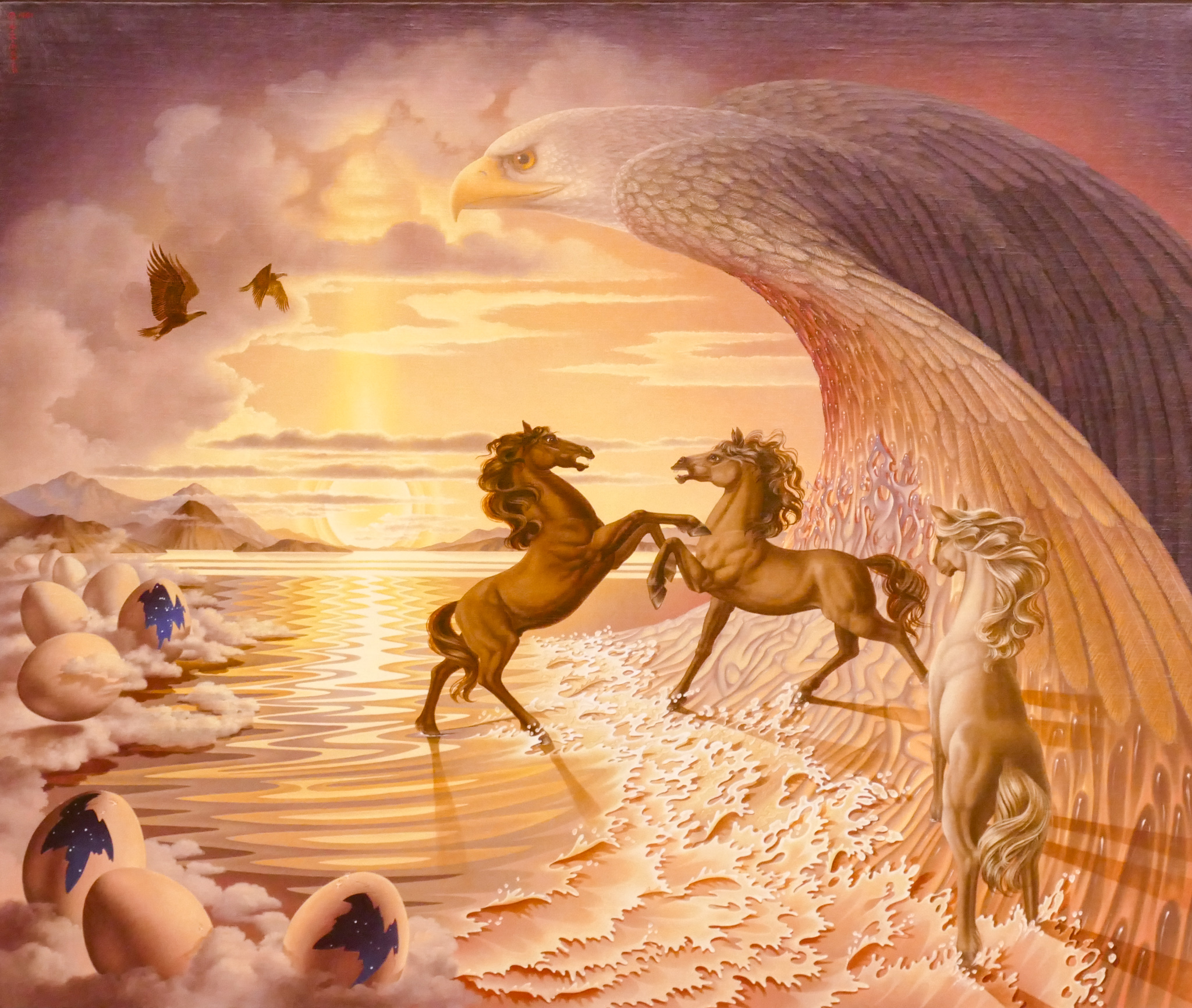 Appraisal: Ilene Meyer - Washington Eagles and Horses Surrealist Oil on