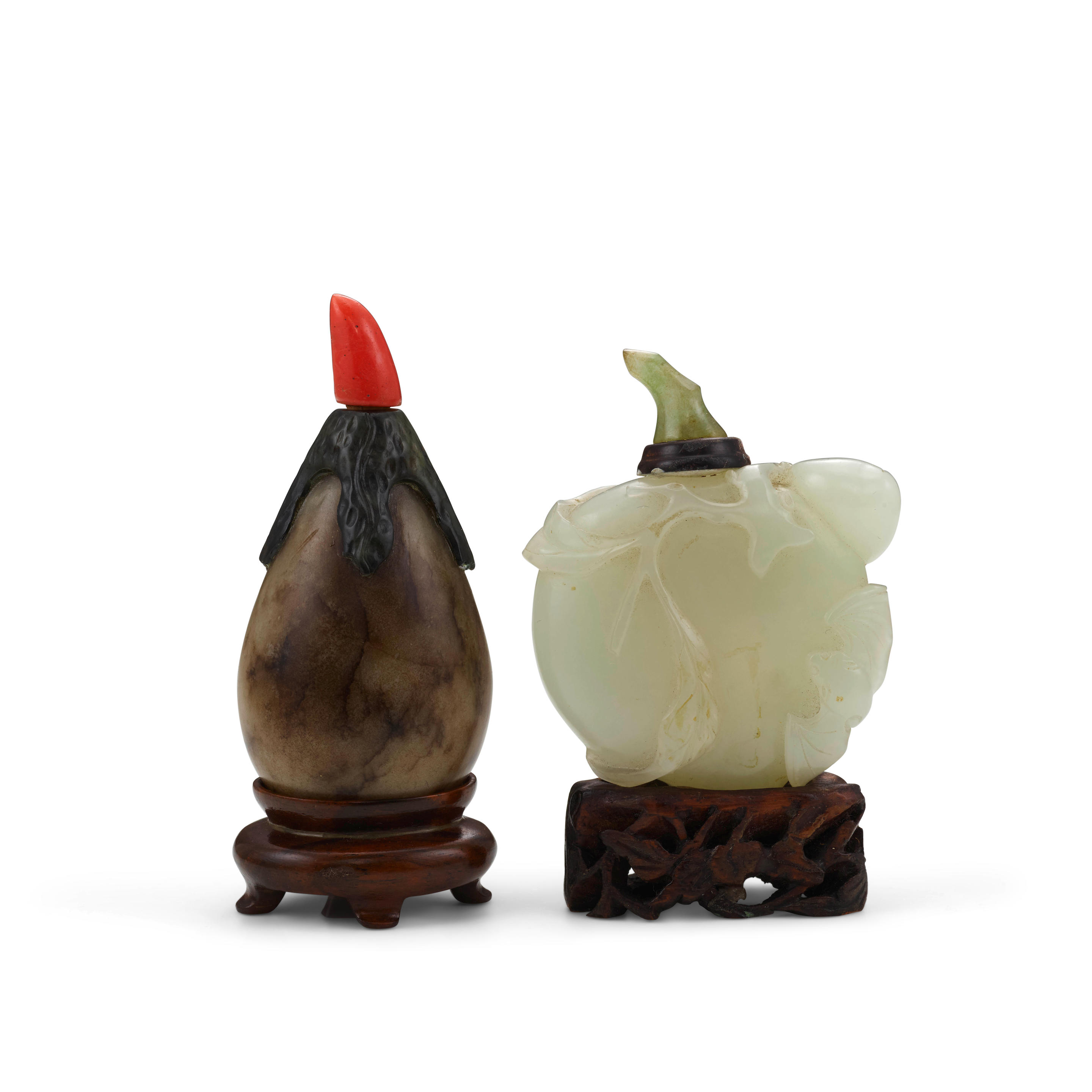 Appraisal: TWO JADE SNUFF BOTTLES - - The first a peach-form