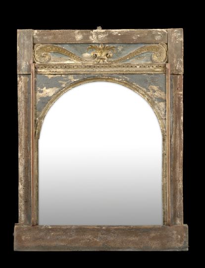 Appraisal: Scandinavian Matte Red-and Blue-Painted and Parcel-Gilt Carved Wooden Arched Looking