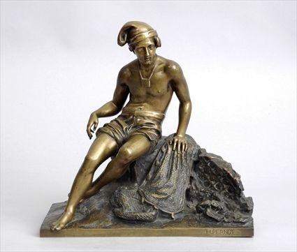 Appraisal: H PERNOT SEATED FISHERMAN Bronze with gilt patina impressed signature