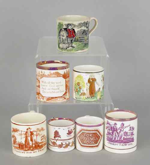 Appraisal: Seven Staffordshire child's mugs th c to include For Loving