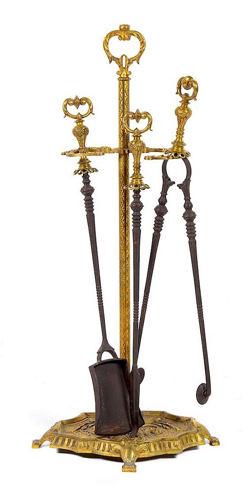 Appraisal: A Set of French Gilt Bronze Fireplace Tools Height of