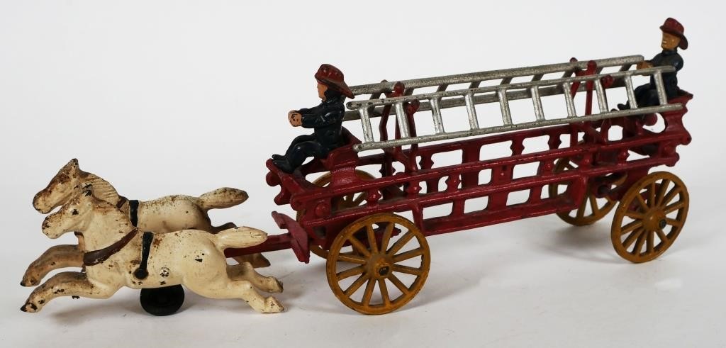 Appraisal: CAST IRON FIRE TRUCK WAGONRed fire ladder carriage Two firemen