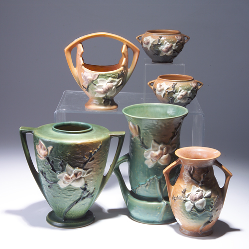 Appraisal: Six ROSEVILLE Magnolia pieces to include two green vases -