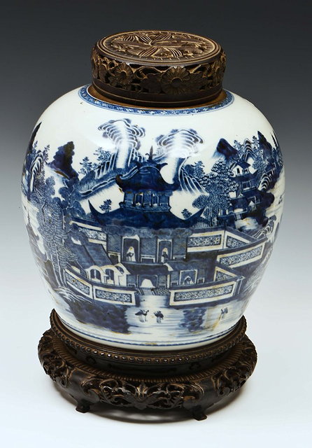 Appraisal: A CHINESE NANKIN BLUE AND WHITE GINGER JAR pavilions figures