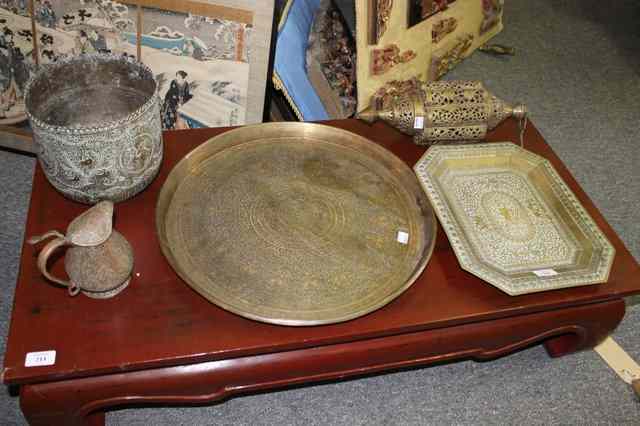 Appraisal: FOUR PIECES OF INDO-PERSIAN METALWARE including a brass mosque lamp