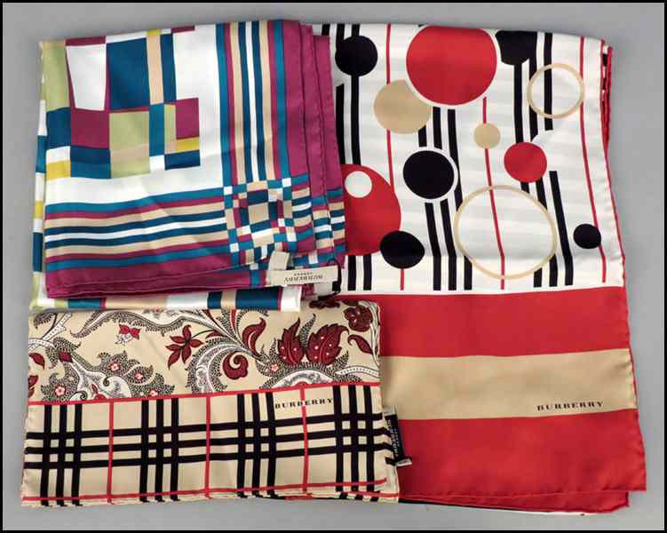 Appraisal: BURBERRY MULTI-COLORED SILK SCARF Together with two Burberry silk scarves