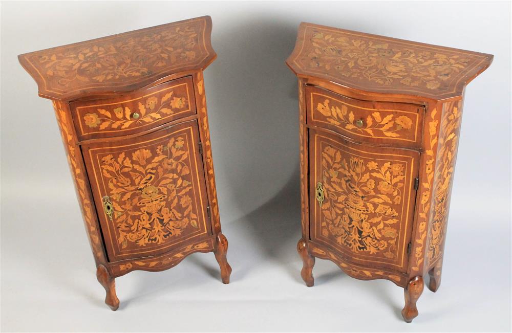 Appraisal: PAIR OF CONTINENTAL MARQUETRY DIMINUTIVE SIDE CABINETS with tulip and