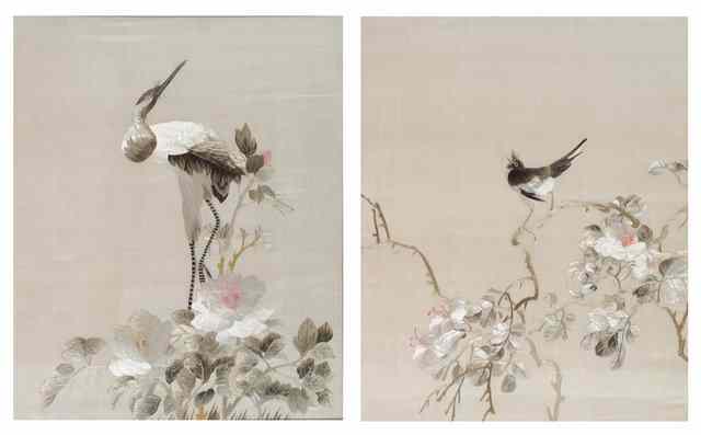 Appraisal: A PAIR OF CHINESE SILK WORK PANELS of a crane