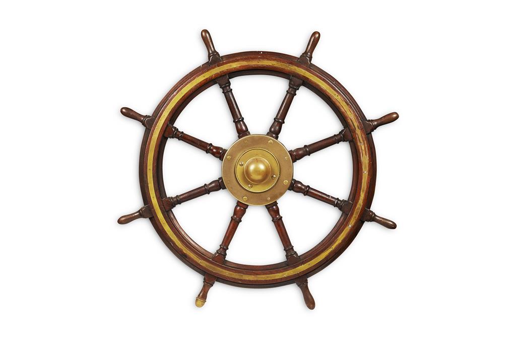 Appraisal: OAK AND BRASS SHIP'S WHEEL TH CENTURY with eight turned