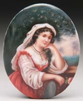 Appraisal: UNSIGNED HAND PAINTED PORCELAIN PLAQUE Oval three-quarter portrait of a