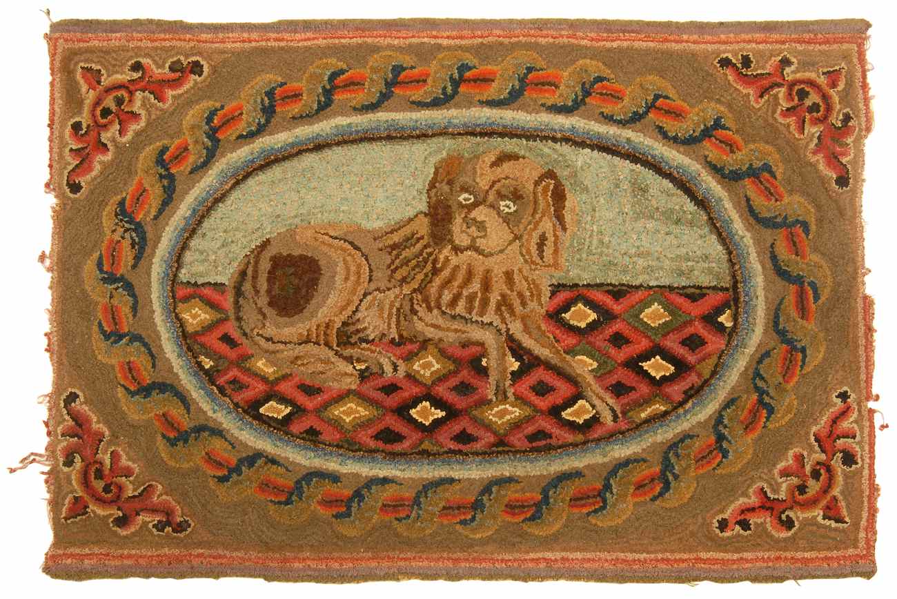 Appraisal: HOOKED RUG PICTORIAL ' x ' A recumbent spaniel on