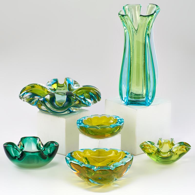 Appraisal: MURANO Six pieces sommerso vase two floral bowls and three