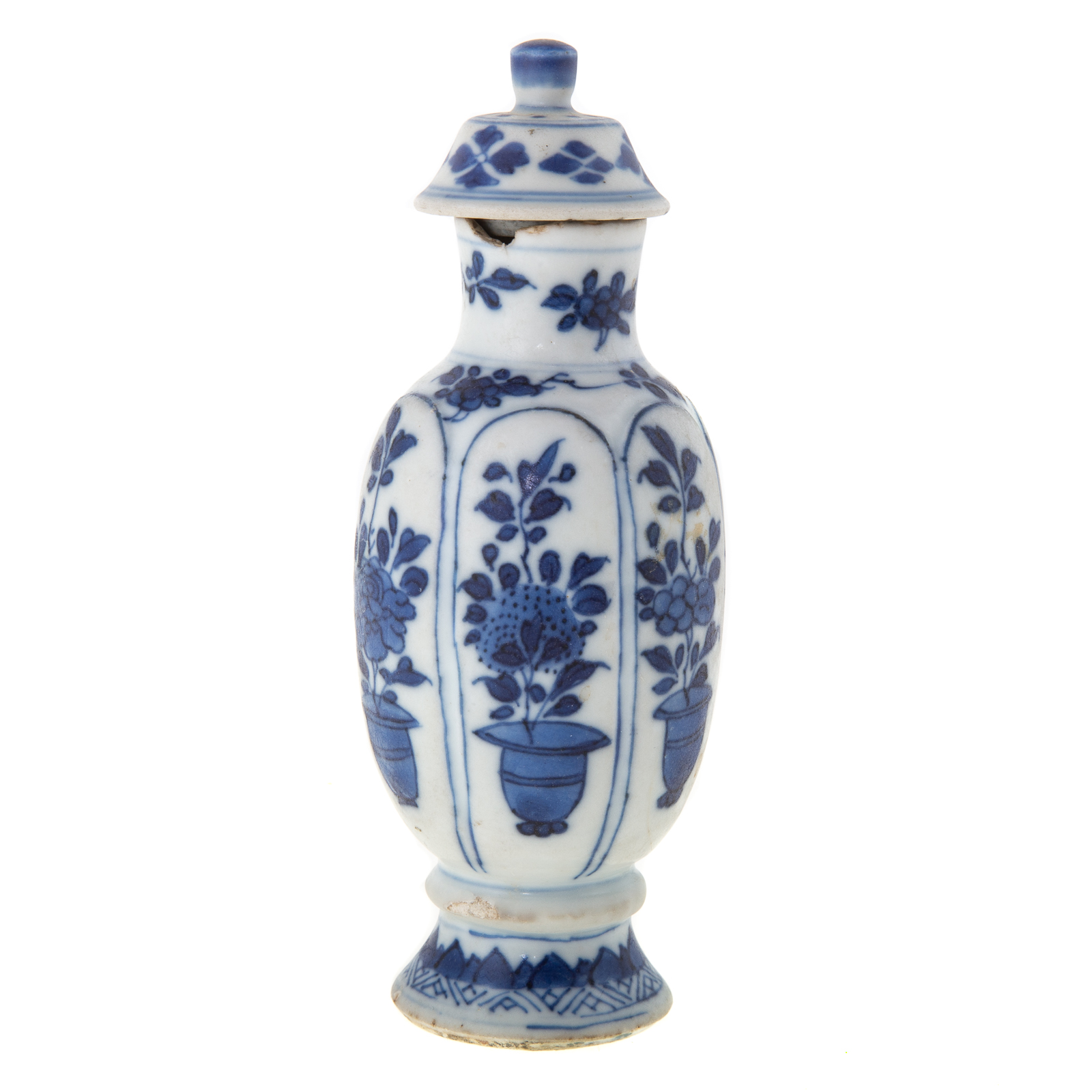 Appraisal: MINIATURE CHINESE EXPORT BLUE WHITE PANELED JAR Kang Xi circa