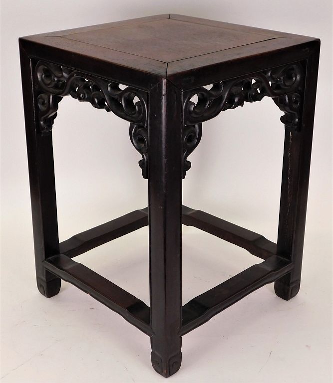 Appraisal: Chinese Huanghuali Carved Wood Side Table China Qing Dynasty Square