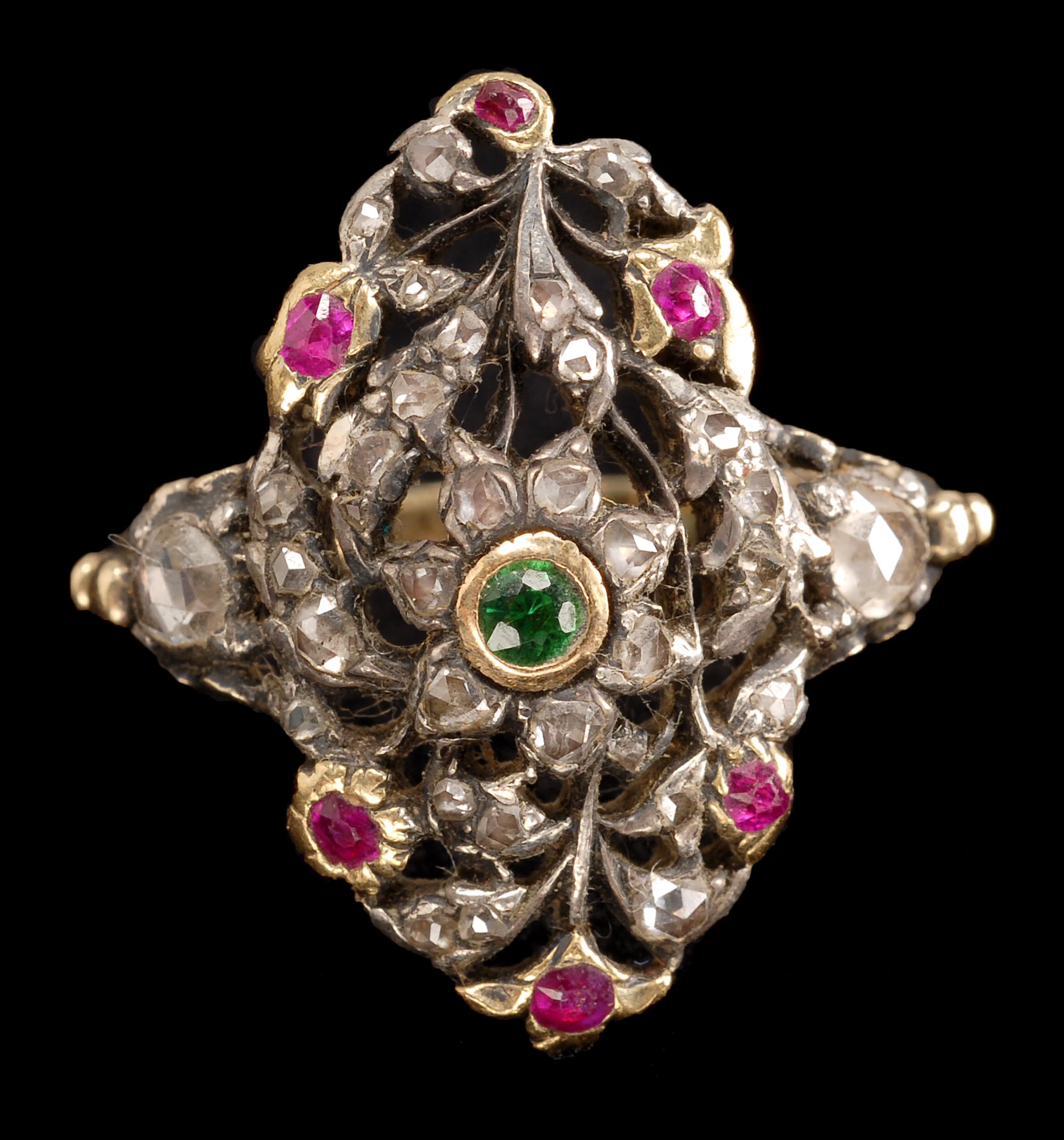 Appraisal: TH CENTURY RUBY DIAMOND AND EMERALD RING in a filigree