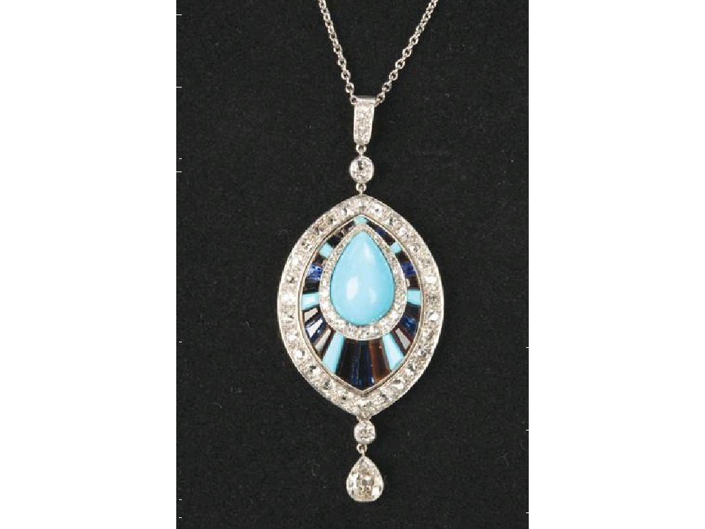 Appraisal: AN EARLY TH CENTURY DIAMOND AND TURQUOISE-SET PENDANT of navette-shape