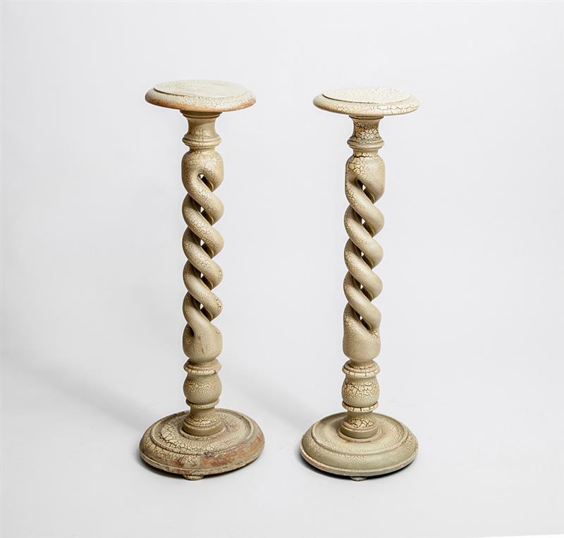 Appraisal: Pair of Crackle-Painted Barley-Twist Pedestals ft in x in diam