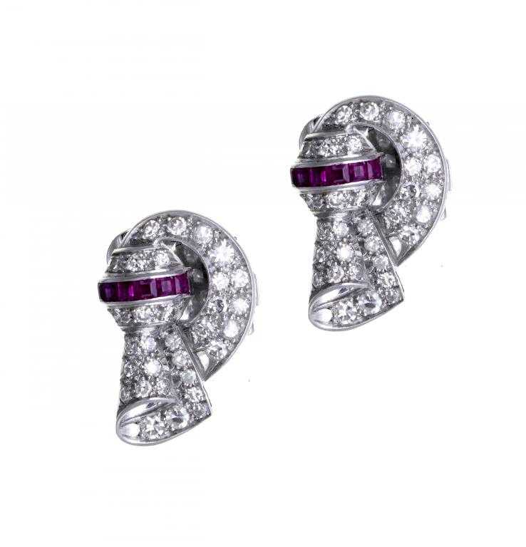 Appraisal: A PAIR OF RUBY AND DIAMOND RUFFLE EAR CLIPS with