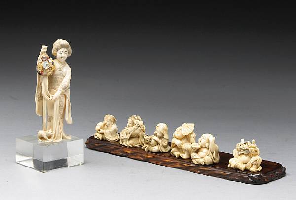 Appraisal: Seven ivory figural carvings Comprising six of the seven lucky