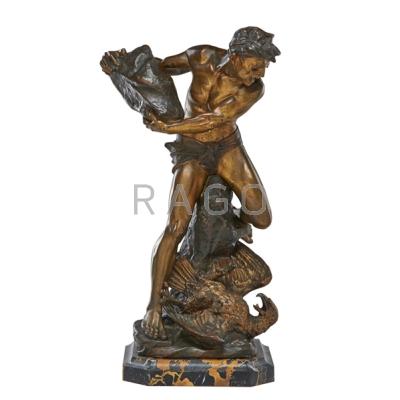 Appraisal: EDOUARD DROUOT French - Bronze sculpture of a warrior slaying