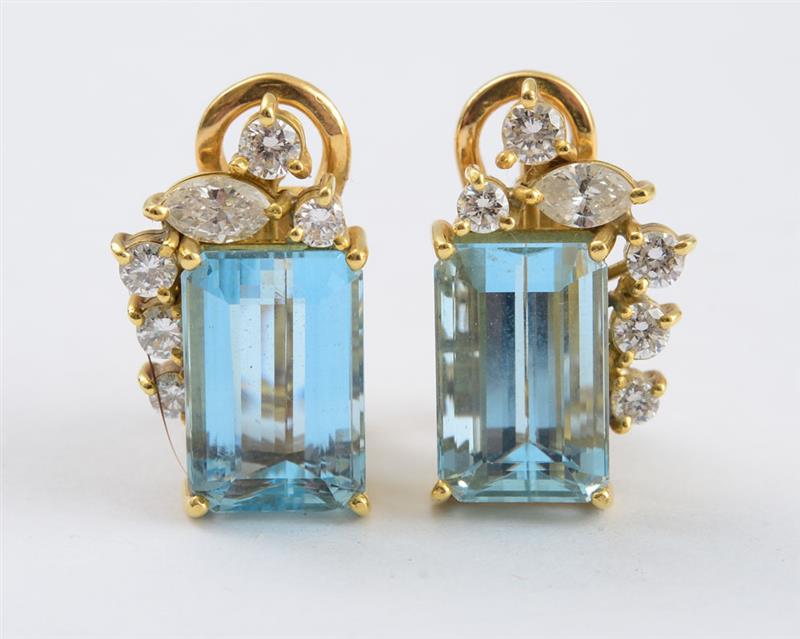 Appraisal: K GOLD AQUAMARINE AND DIAMOND EARCLIPS Diamonds weighing carat aquamarines