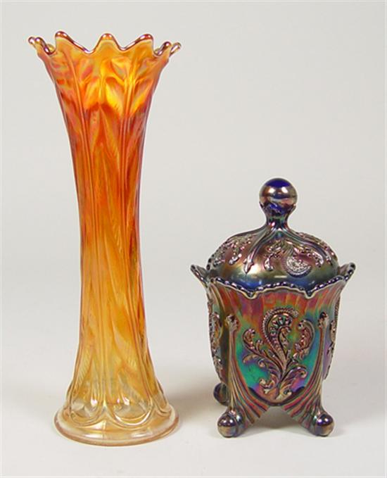 Appraisal: Two Pieces of Carnival Glass Tall flared vase with fluted