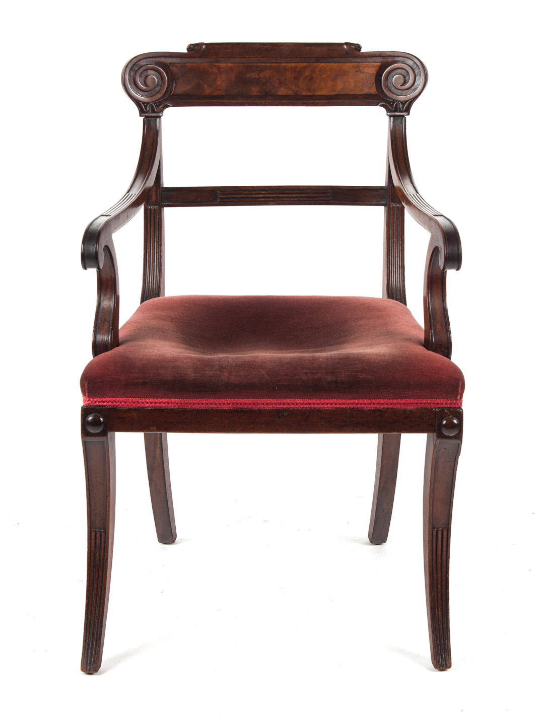 Appraisal: George IV mahogany Trafalgar chair circa scroll carved crest rail