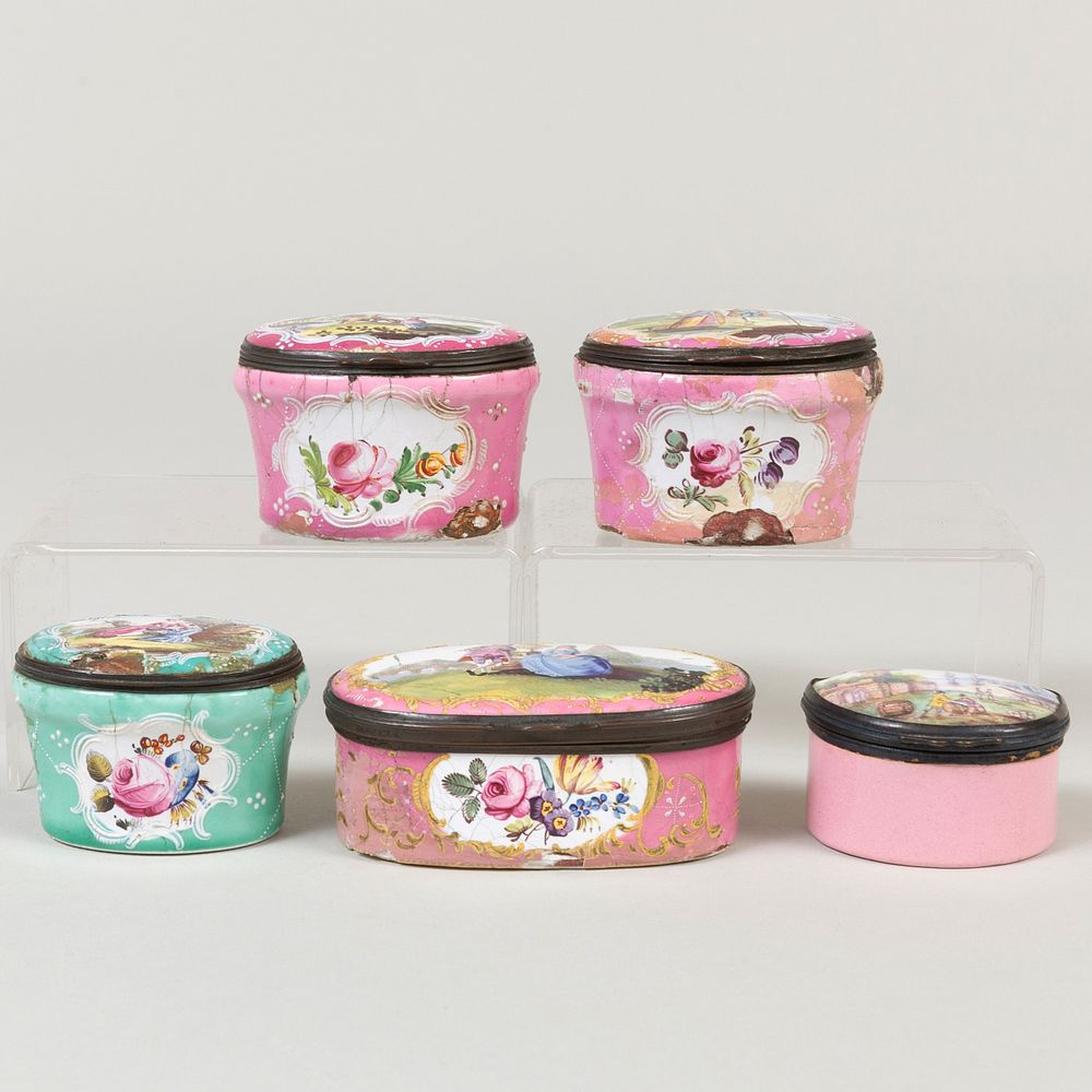 Appraisal: Group of Five English Enamel Snuff Boxes Comprising A pink