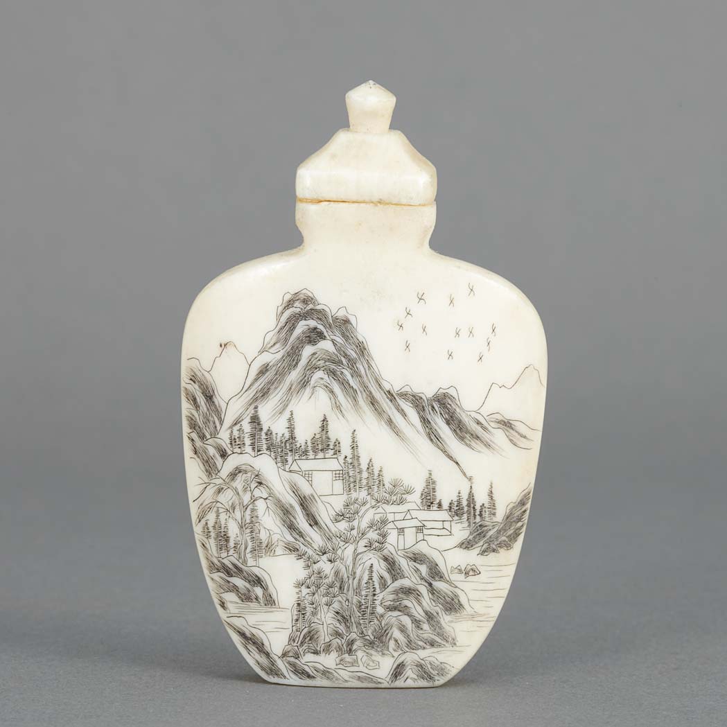 Appraisal: Chinese Black Pigment Painted Ivory Snuff Bottle Late th century