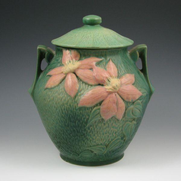 Appraisal: Roseville Clematis lidded cookie jar in green Marked Roseville USA