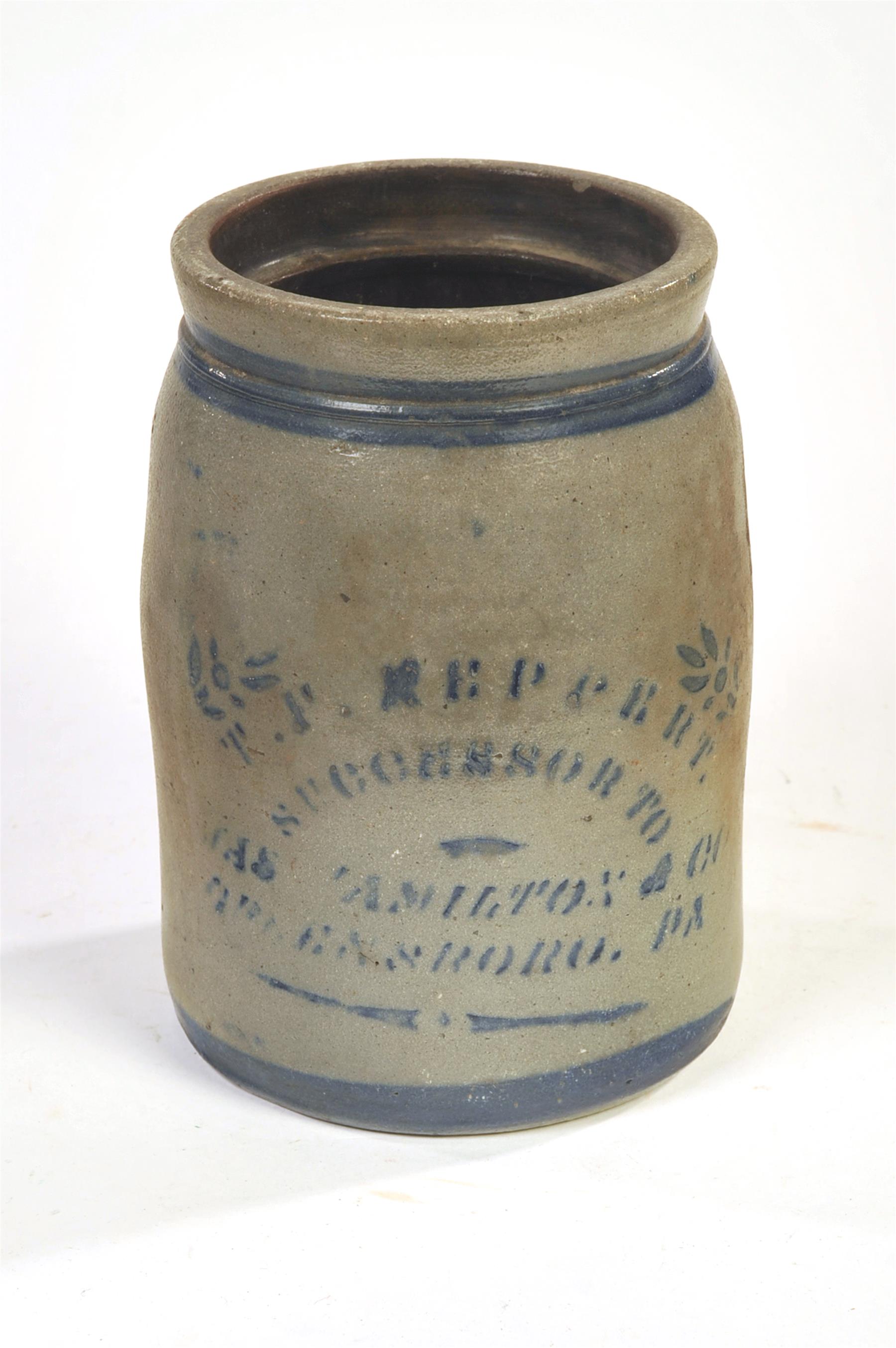 Appraisal: T F REPPERT COBALT STENCILED JAR Greensboro Pa th quarter-