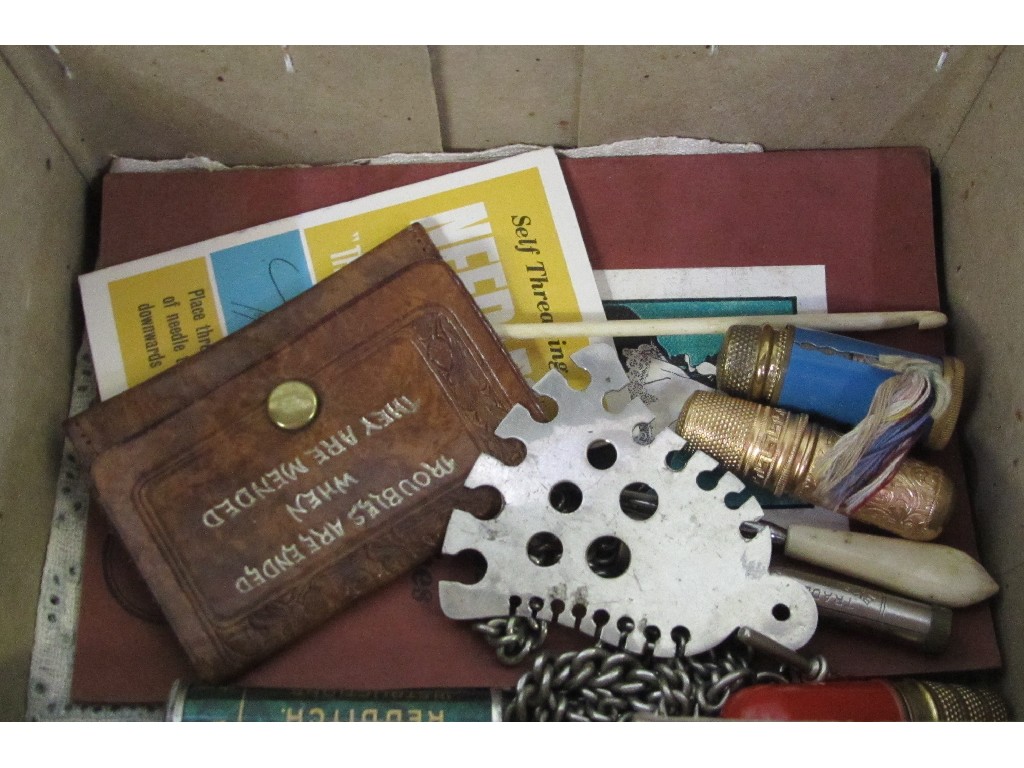 Appraisal: Box of sewing accoutrements sampler and two alberts